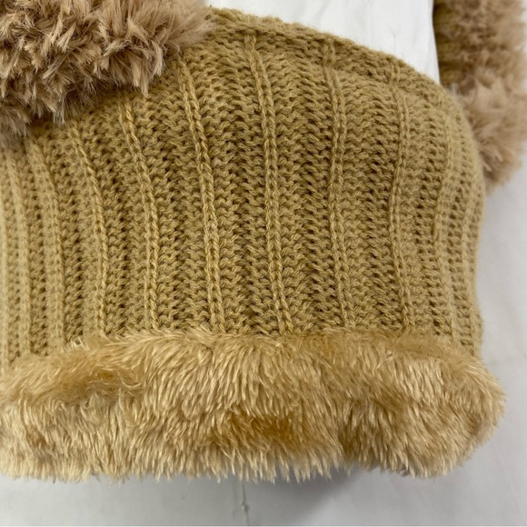 Cozy Women’s One Piece Scarf & Mask Tan Knit Pom-Pom Hat - Picture 9 of 14
